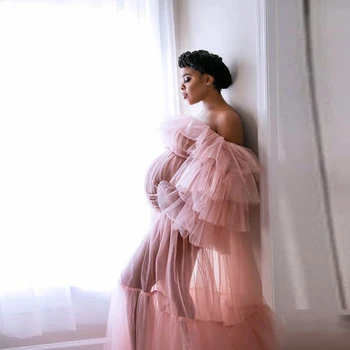 

Maternity Shoot Prom Dresses robe de bal femme longue abiye robe de soiree longue Chic Evening Dress Off Shoulder Pink Puffy