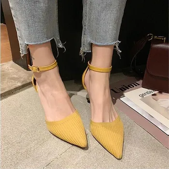 

EOEODOIT Stiletto Heels Shoes Pointy Toe Ankle Buckle Pumps Summer Autumn Knitted Fabric Stretch Shallow Mouth Shoes For Women