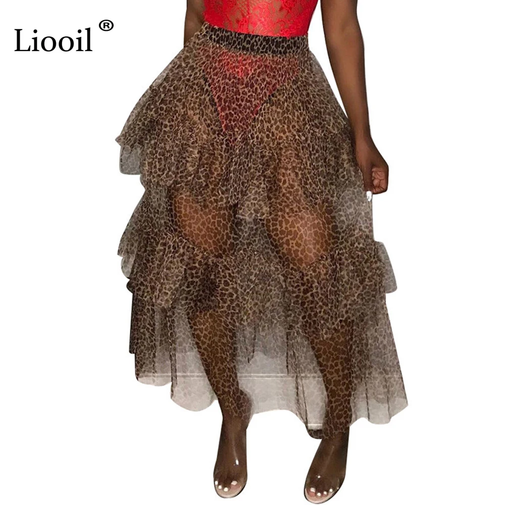 

Liooil Leopard Print Sexy Mesh Sheer Maxi Long Ruffle Skirt New 2019 Women Patchwork High Waist See Through Party Club Skirts