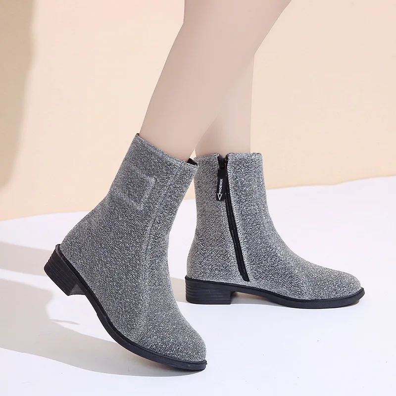 

New Style Chunky-Heel Waterproof Platform Side Zipper Short Boots Women's Sequin Cloth Breathable Martin Boots Low Heel Comforta