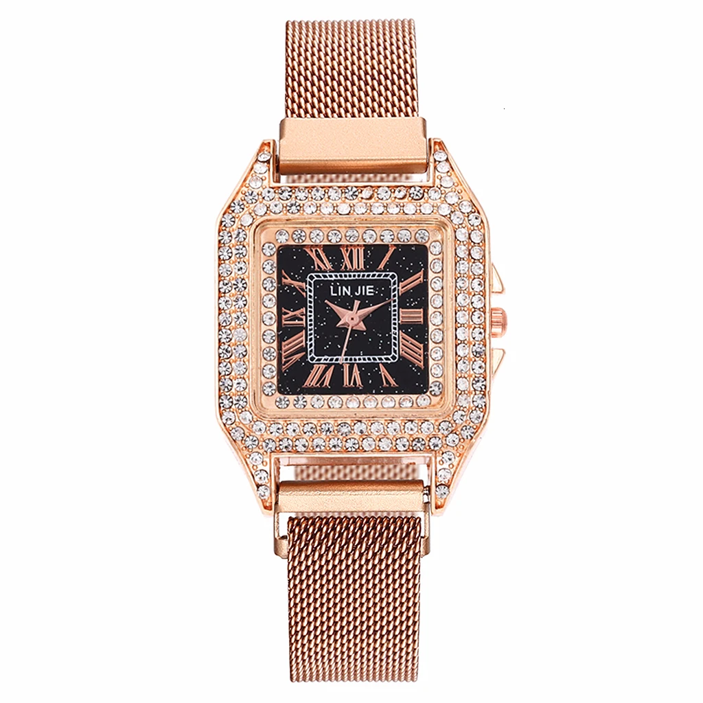 Women Magnet Buckle Square Case Shape Diamond Watch Luxury Ladies Stainless Steel Belt Quartz Watches Gift Clock - Color: rose gold