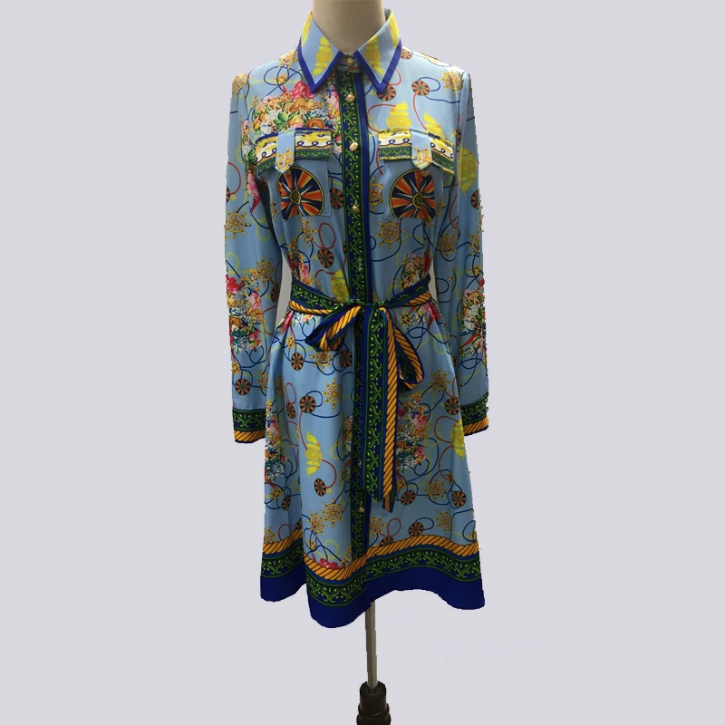 

Fashion show Autumn Women's Clothing Joggers Women Fashion Bow Lapel Fake Pocket Button Loose Belt Printed Vintage Dress