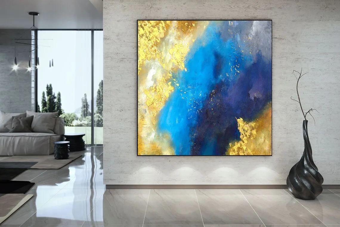 

Contemporary Wall Art Abstract Painting on Canvas Original Oversize Painting Extra Large Wall Art Room Decor Blue Gold Painting