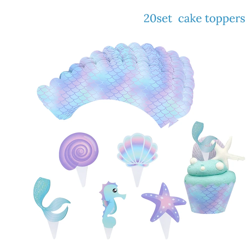 Вечерние бумажные стаканы русалки в форме рыбьей чешуи, тарелки под морем, Вечерние Декорации для девочек, принадлежности для вечеринки на день рождения, Свадебный декор - Цвет: 20set cake toppers
