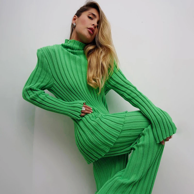 Fashion Ribbed Women's Turtleneck Sweater Green Long Sleeve Shrugs Knitwear Jumper Female Knitted Tops 2025 Autumn Winter