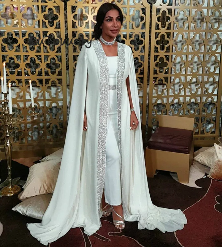 

Dubai Muslim Evening Dress White Sequin Moroccan Kaftan Cape Prom Gown In special occasion Arabic Long Sleeve Dress Evening Wear