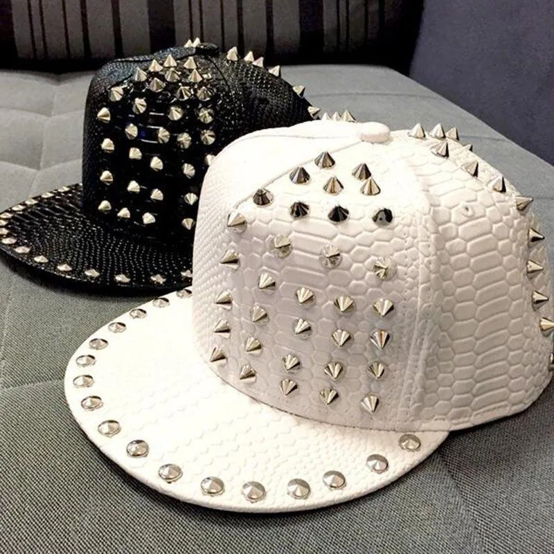 

wholesale spiked rivet nail handmade snakeskin leather luxury brand snapback for women men white black novelty baseball cap hats