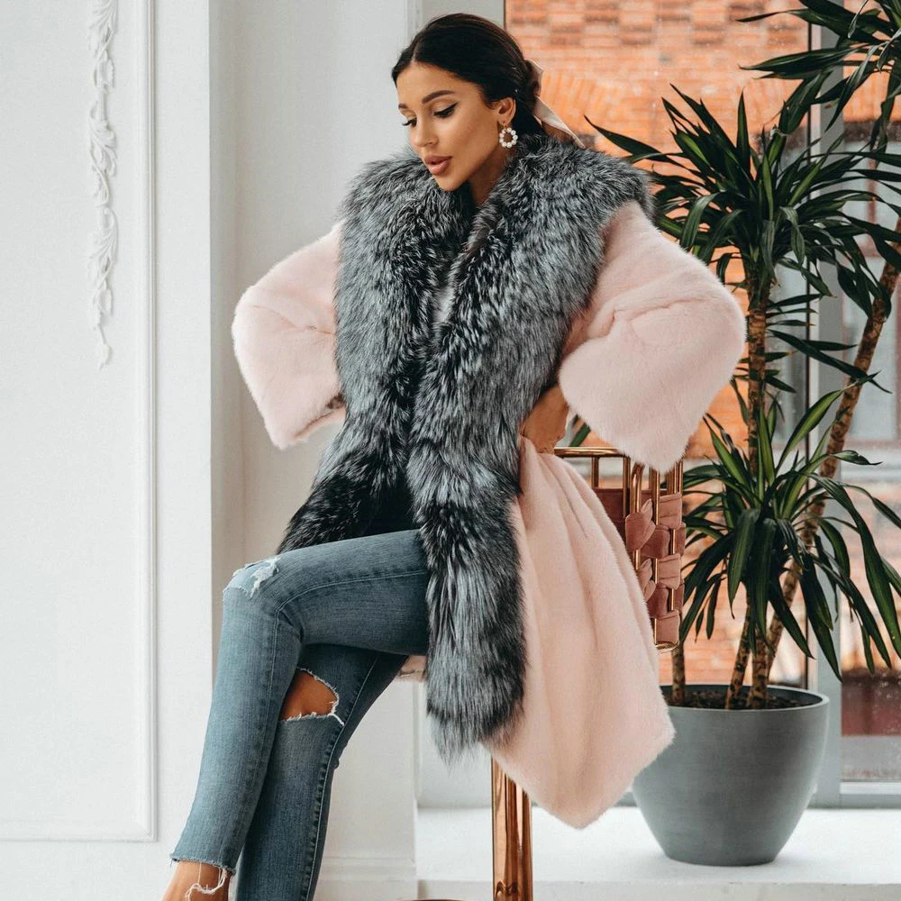 Fashion Red Genuine Mink Fur Coats Long 2021new Winter Women Natural Mink Fur Coat with Silver Fox Fur Collar Trendy Fur Outwear
