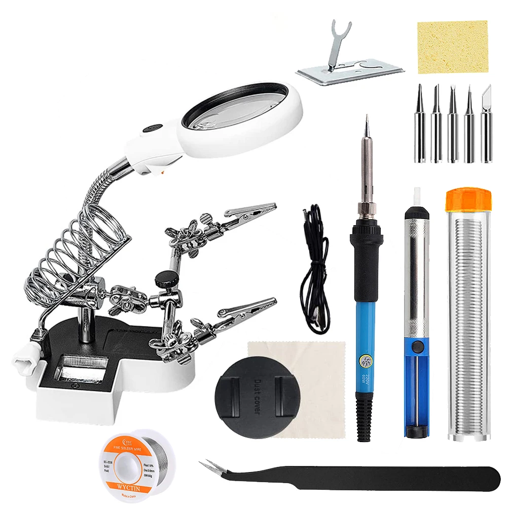 Soldering Iron Welding Magnifying Glass 2 LED 3X 4.5X 25X Helping Hand Rework Magnifier with 3 Tools Boxes Desk Station Repair