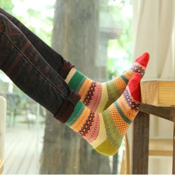 

Women Multi-Color Fashion Unisex Stripe Cotton Socks Thick Warm Wool Cashmere Soft Casual Cotton Socks Winter Colorful Socks