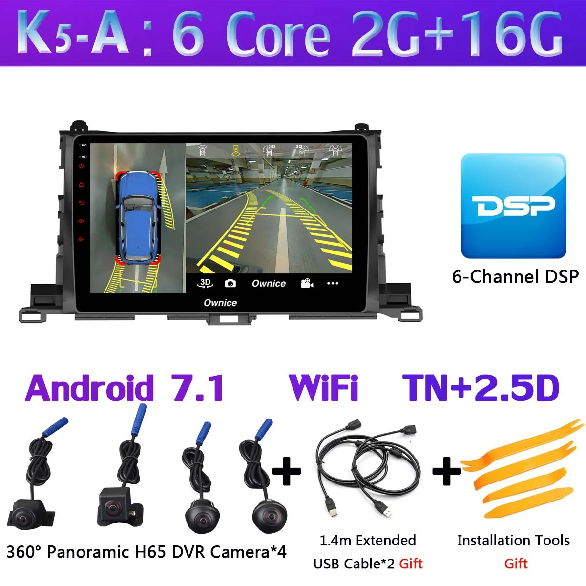 360 ° панорамный Android 9,0 4+ 64G gps радио CarPlay SPDIF DSP автомобильный мультимедийный плеер для Toyota Highlander - Цвет: K5-A