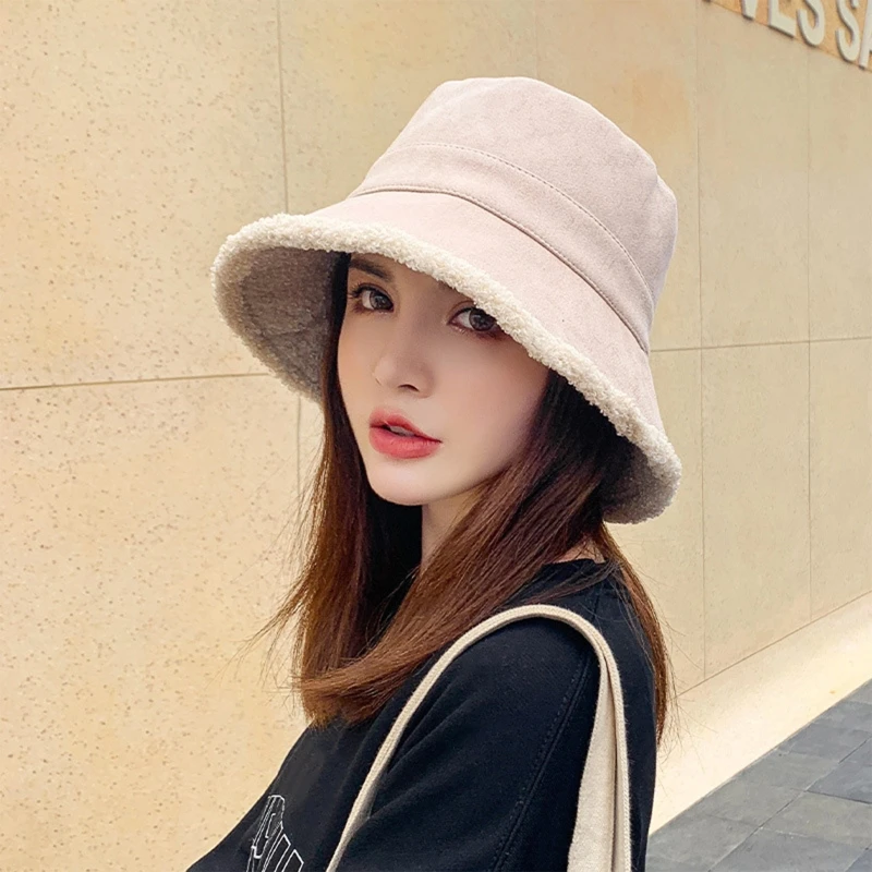 Women Winter Reversible Double Sided Bucket Hat Solid Color Thick Faux Fleece Wide Brim Sunscreen Packable Fisherman Cap pink bucket hat