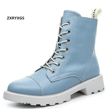 

2020 Autumn Lace-up New Genuine Leather Boots Colours Short Boots Thick Bottom Anti-skid Low Heel Shoe Martin Boots Women Boots
