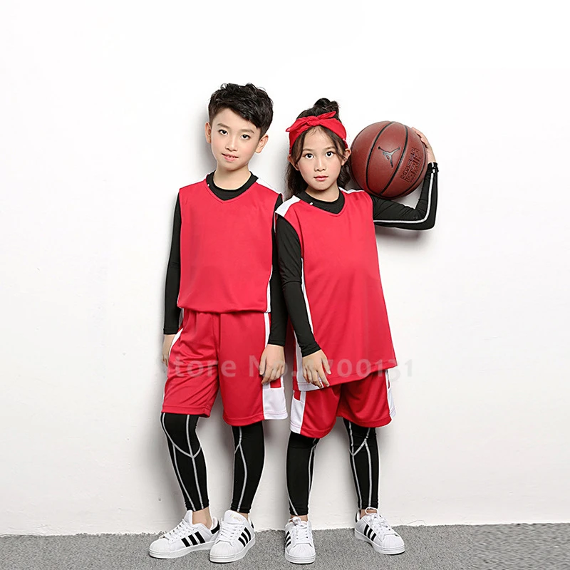 Индивидуальный баскетбольный трикотаж, топы для детей, футбольные тренировочные шорты, леггинсы для бега, колготки, детский спортивный футбольный костюм, форма - Color: Red