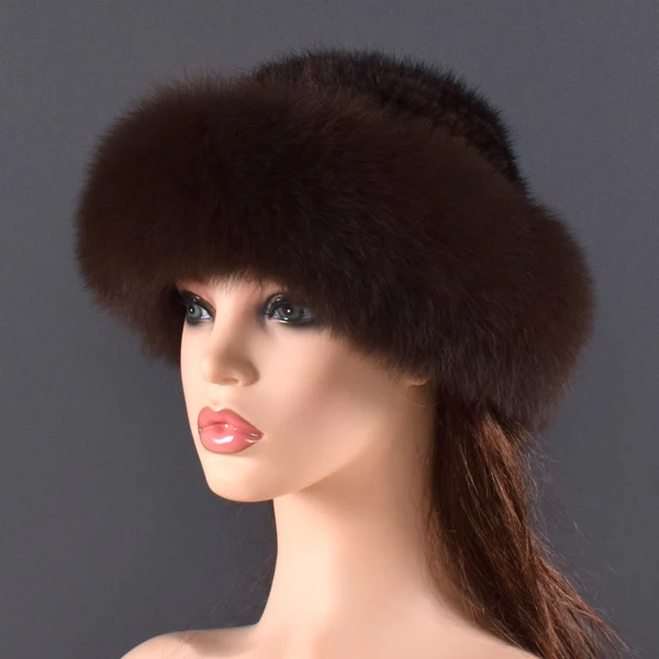 women Real mink Fur Bomber Hats winter Genuine Fox fur Cap Luxurious Quality Winter hat Elastic Warm Soft Fluffy natural fur hat - Цвет: Natural Brown