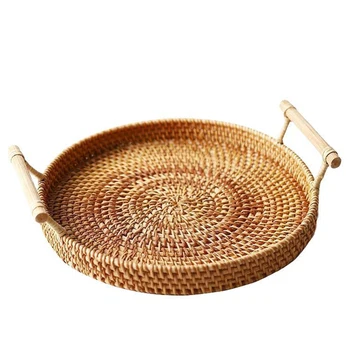 

Bohe New Rattan Storage Tray Round Basket with Handle Hand-Woven Rattan Tray Wicker Basket Bread Fruit Food Breakfast Display