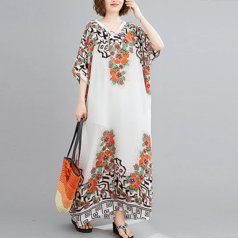 Платье женское длинное из хлопка и льна свободное платье с принтом в богемном