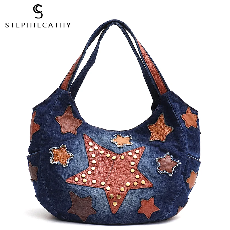 

SC Retro Style Denim Large Tote for Womens Leather Patchwork Shoulder&Top-handle Bag Ladies Casual Pillow Female Vintage Handbag