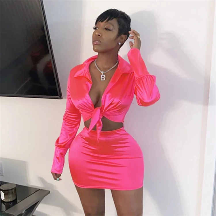 A120172 newest turn-down collar long sleeve tying deep v neck skirt set women pant two piece sets clothing
