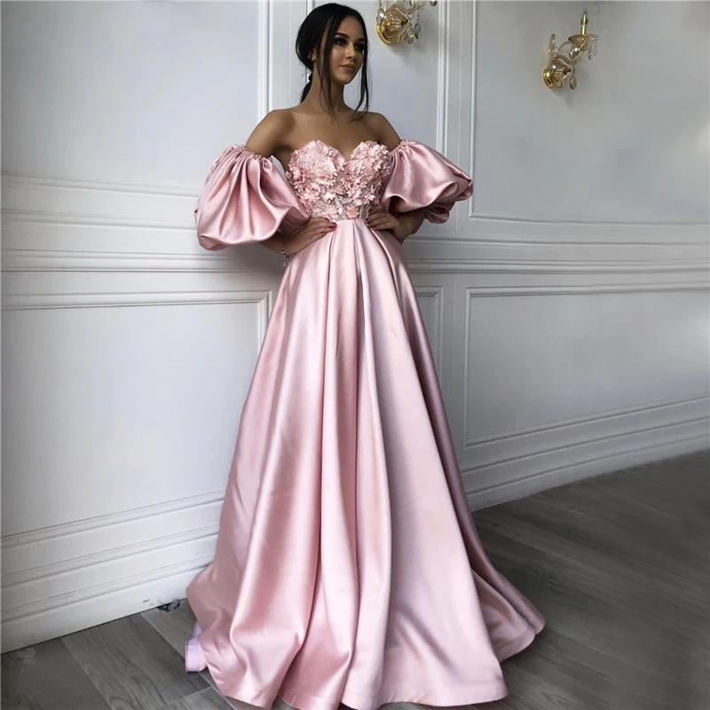 

Pink Puff Short Sleeve Sexy Prom Dresses 2020 Off Shoulder Handmade Flowers Beading long Formal Evening Dress Vestido de festa