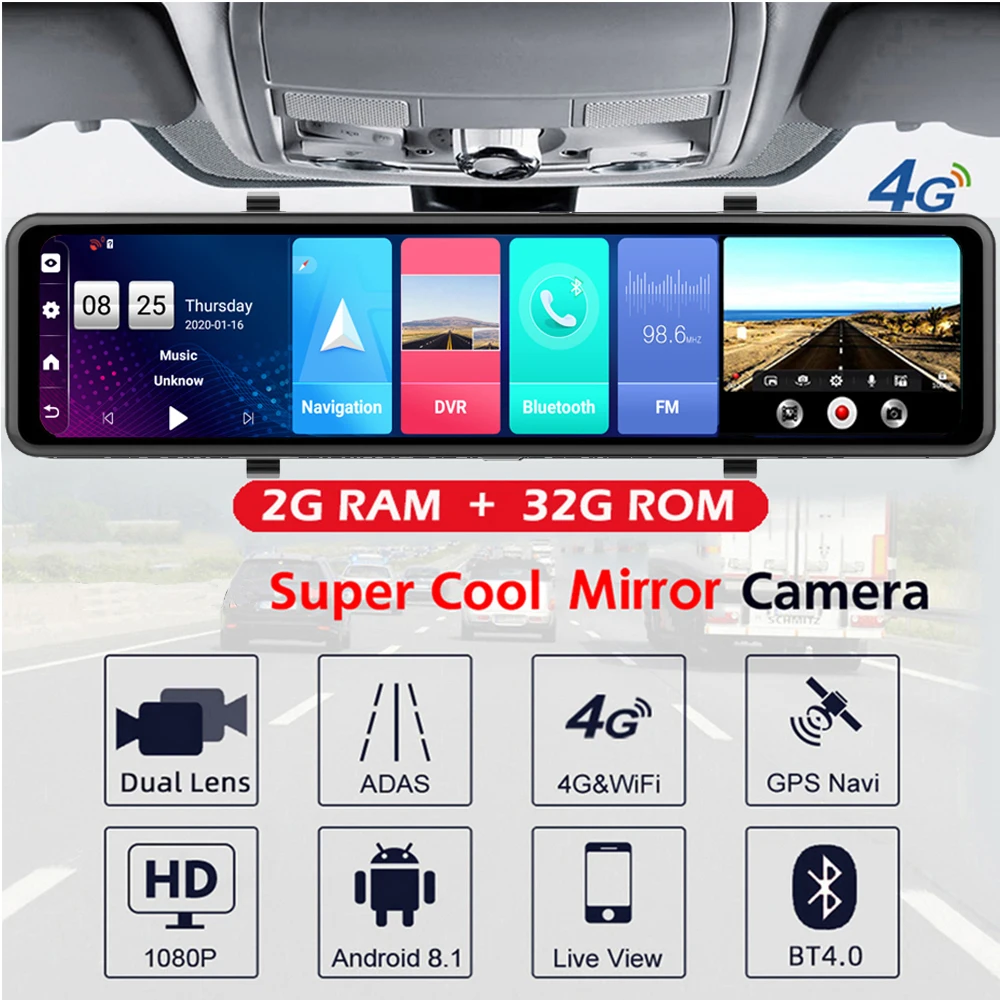 2020 New Dash Cam 4G 12inch Car Rearview Mirror Stream Media Dual HD 1080P Android 8.1Car Mirror DVR WIFI ADAS Rear View With GPS