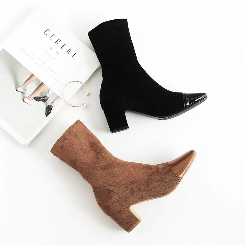 

Women's Boots splice Suede Elastic Ankle Boots Thick Heel High Heels Shoes Woman Female Socks Boots 2019 Spring