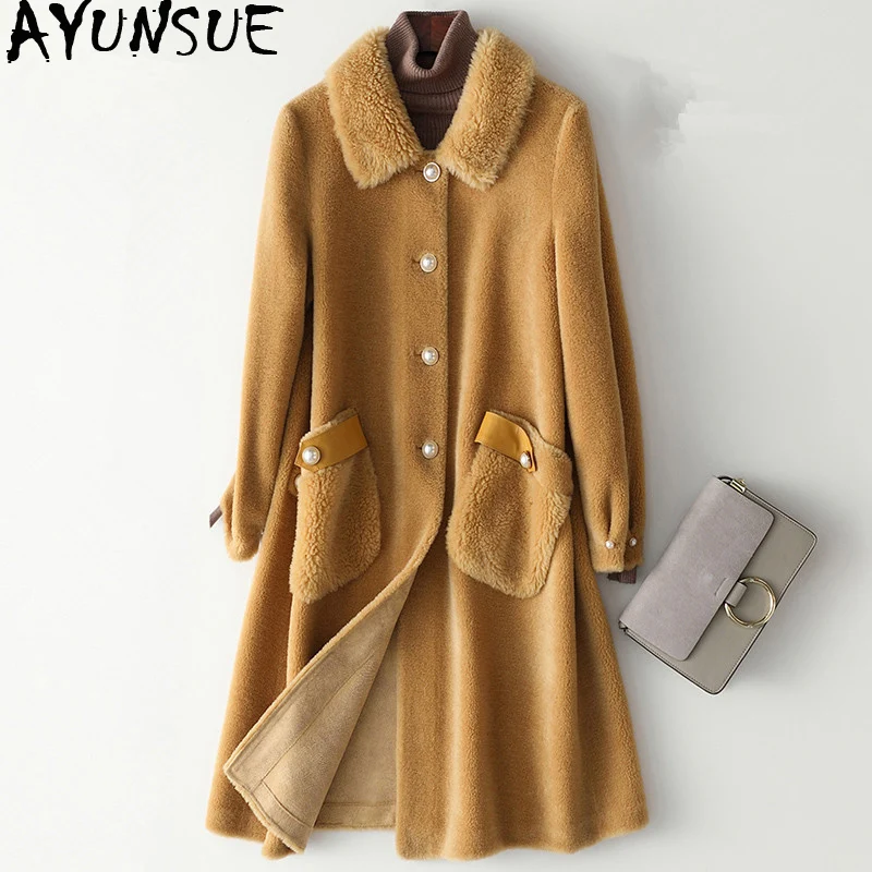 AYUNSUE Real Sheep Shearling Fur Coat Winter Jacket Women 100% Wool Coats and Jackets Women Long Korean Jacket Chaqueta Mujer MY