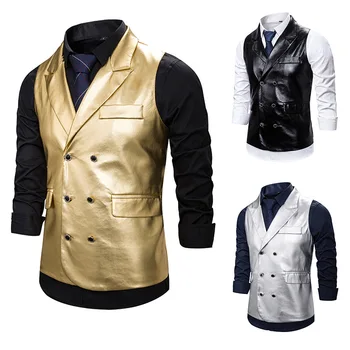 

2020 New Style Men Nightclub Bright Surface Dynamic Fashion Solid Color Double Breasted Casual Vest