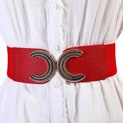 Wide Belt For Women Elastic Stretch Waist Strap Fashion Geometric Double Metal C Buckle Waist Belt Ladies Dress Corset Waistband