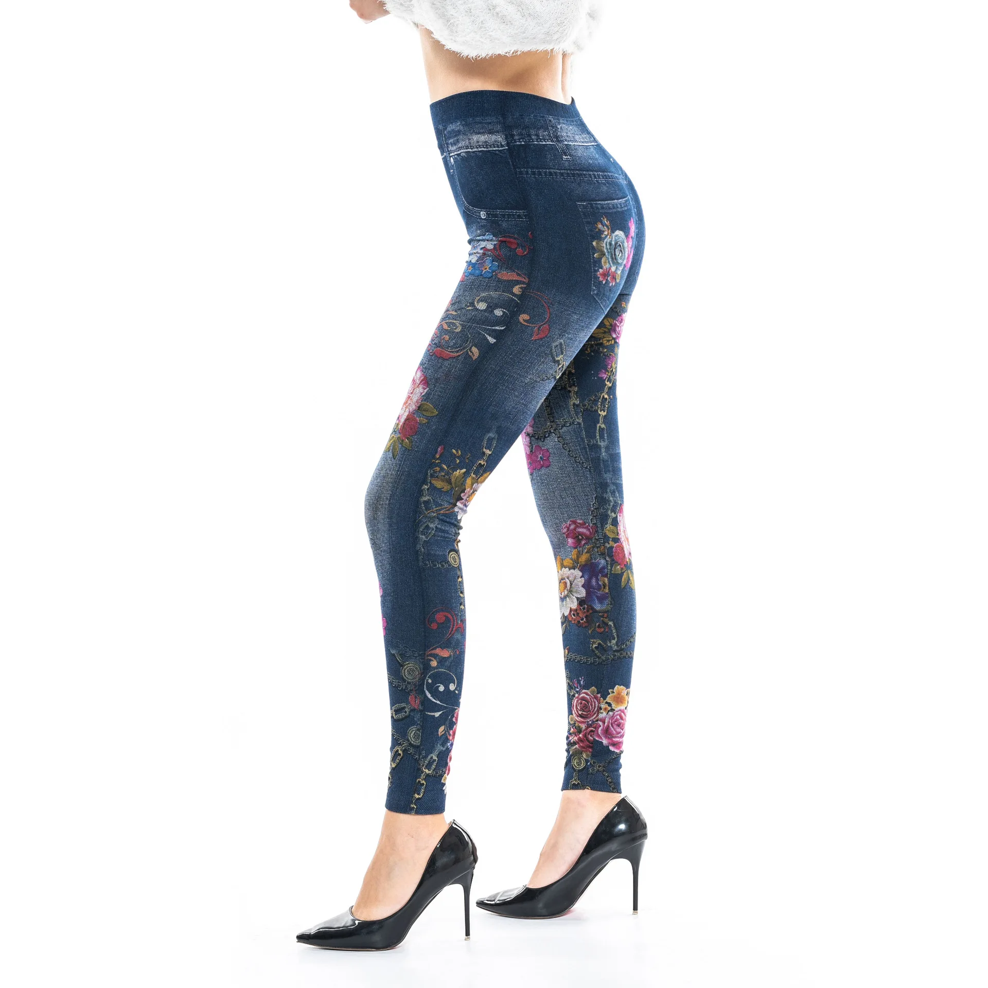 Iron Chain Seamless Pants Printed Sports Artificial Jeans Leggings Women's Fake Cowboy LeggingsJS154