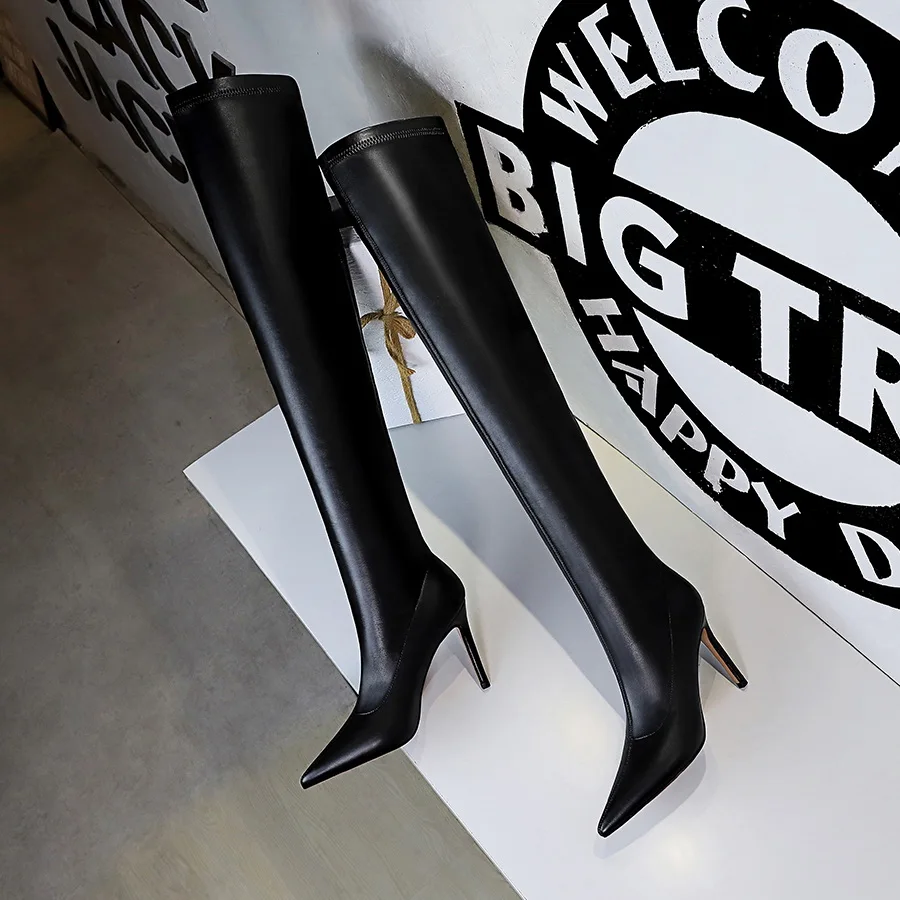 BIGTREE Sexy Stretch Over the Knee Boots Womens Extreme Thigh High Heels Boots Pointed Toe Party Winter Boots Black size 34-43