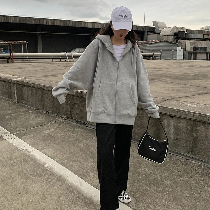 Sudadera con capucha para mujer, de manga larga y Color liso, estilo coreano, Vintage, con cremallera, informal, abrigos grandes