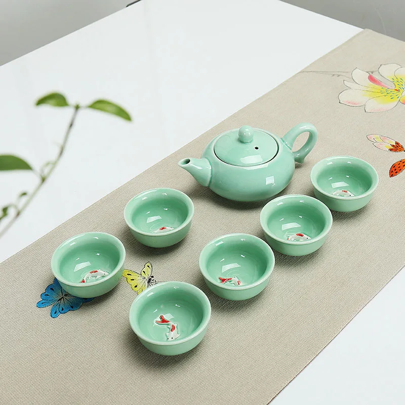 -Green Teacups Koi Fish Design Chinese Kung Fu Tea Set Hand Painted Porcelain 6 Cups with Teapot White 