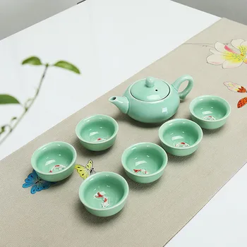 

Chinese Kung Fu Teapot Set Vintage Raised Koi Fish Design with 6 Cups Green Porcelain Tea Utensils Set Ceramic Tea sets Ceremony