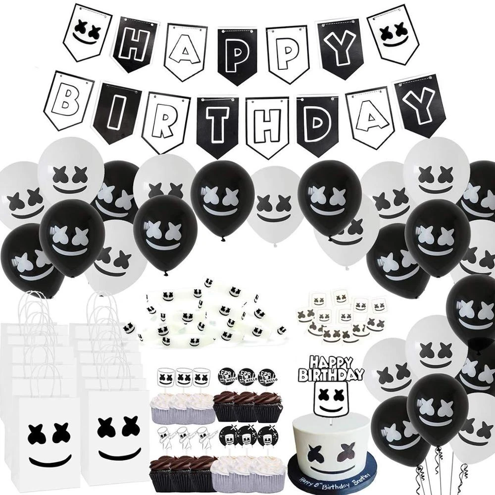 Dj Marshmello Theme Music Festival White Black Happy Birthday Party Decoration Flag Cake Toppers Latex Balloons Cake Decorating Supplies Aliexpress