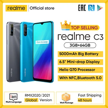 Перейти на Алиэкспресс и купить Realme C3 Unlockphone, 3 Гб оперативной памяти, Оперативная память 64 Гб Встроенная память Мобильный телефон на процессоре Helio G70 12MP Камера 6,5 дюйммини-капля...