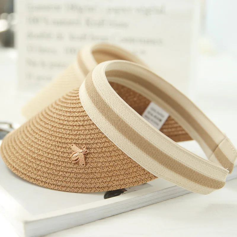 

Hat Female Summer Small Bee Straw Hat Face Covering Korean-style Fashion Topless Hat Sun-resistant Sun Hat Versatile Beach Topee