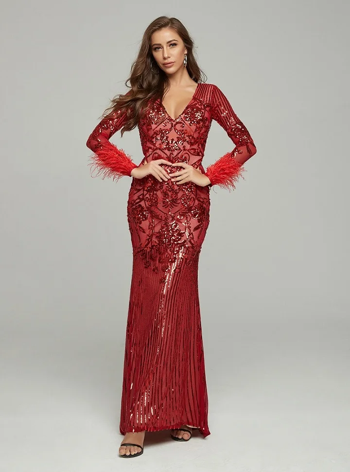 

High Quality Sequined Long Dress Celebrity Sexy Long Sleeve Vitnage Evneing Party Dresses Elegant