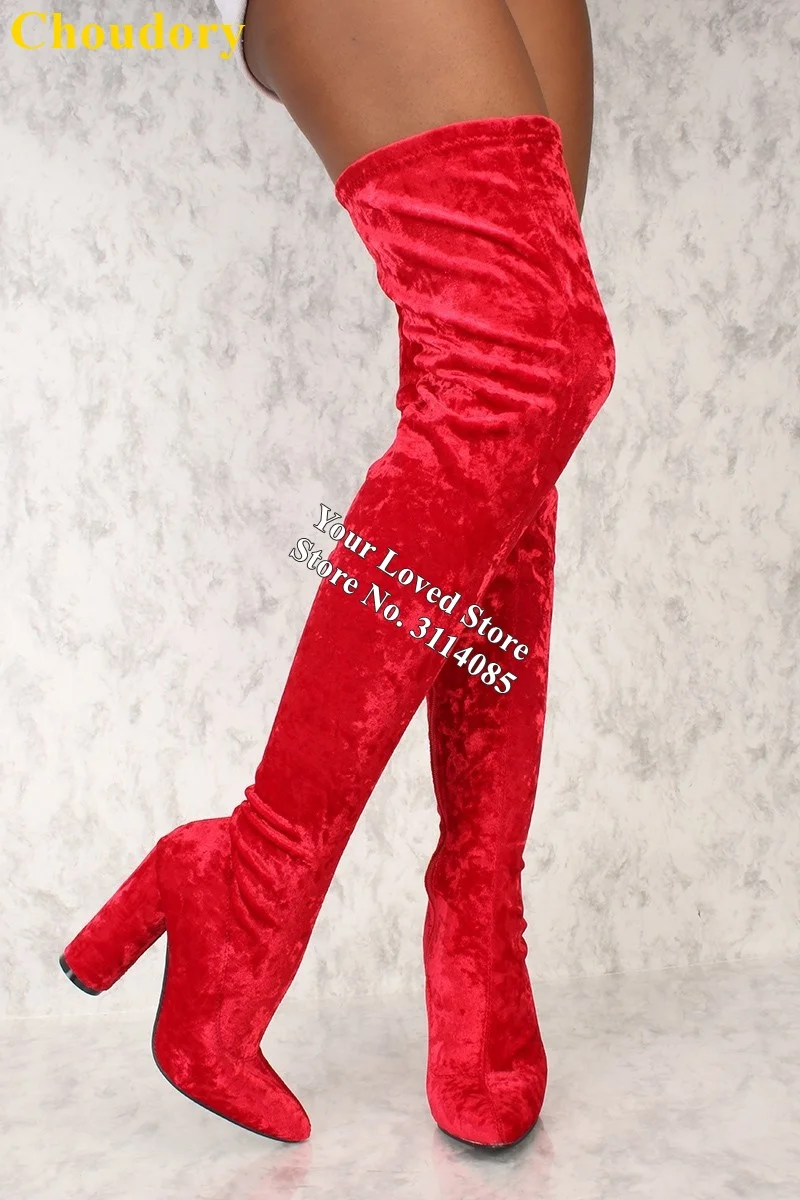 酒红色大红色丝绒粗跟过膝长靴 (3)
