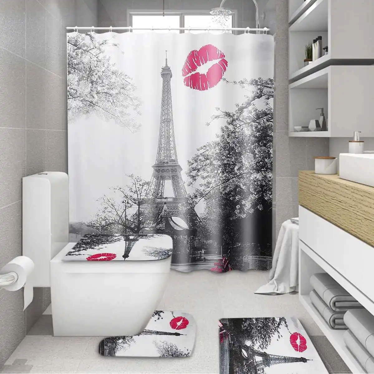 Paris Eiffel Tower Shower Curtain Bath Mat Set Pedestal Toilet Seat Mat Lid Bath Mat Waterproof Polyester Bathroom Bathtub Decor Shower Curtains Aliexpress