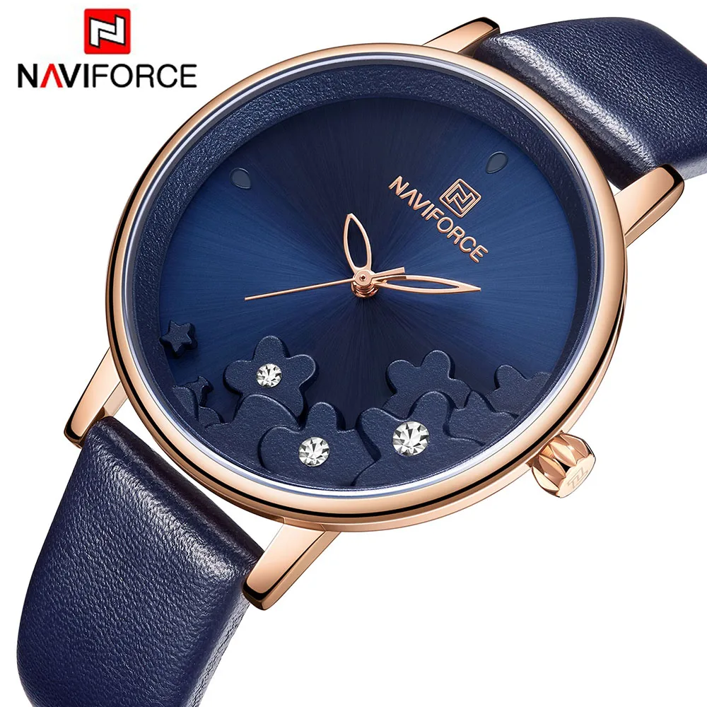 NAVIFORCE 5012 женские модные синие Кварцевые Часы Дамские кожаные ремешки