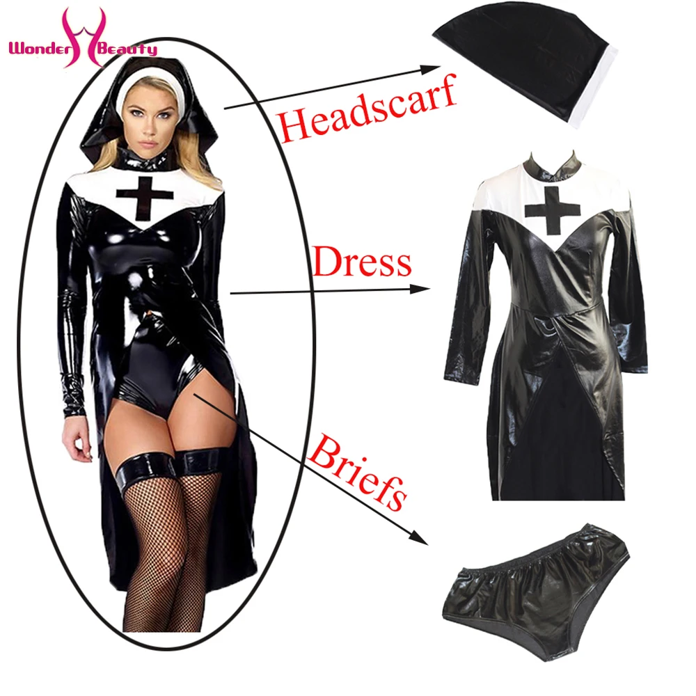 Women Saintlike Seductress Costume Faux Leather PVC Wetlook Nun Costume Halloween Cosplay Fancy Dress (3)