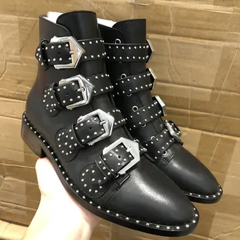 

Autumn Winter Brand Boots Women Buckle Design Shoes Woman Punk Rivets Pointed Botines Mujer 2019 Low Heel Leather Ladies Shoes