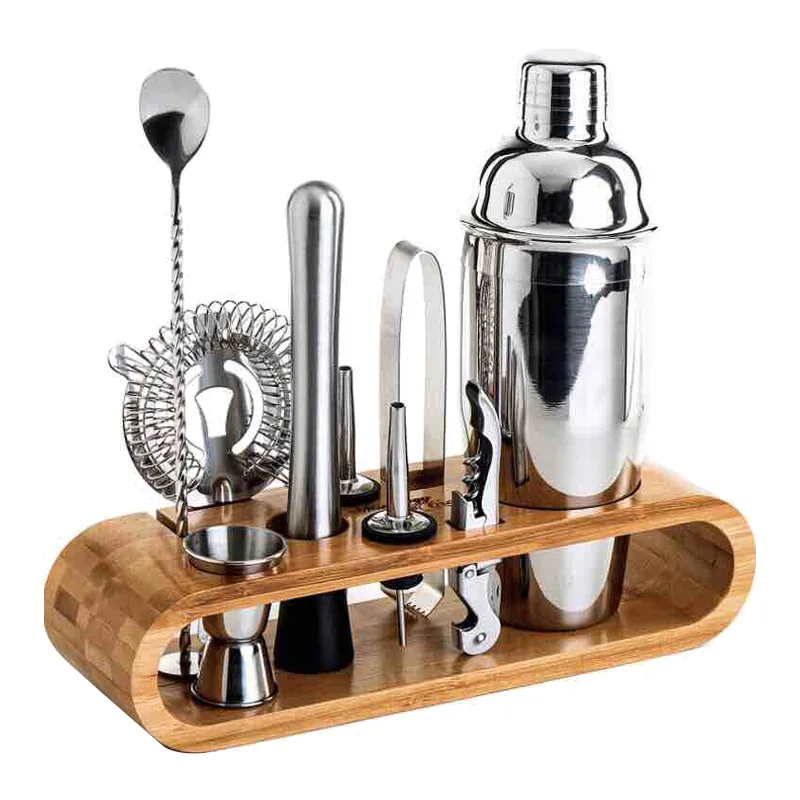 350ml 550ml 750ml stainless steel cocktail shaker cup bartender tool set bamboo base