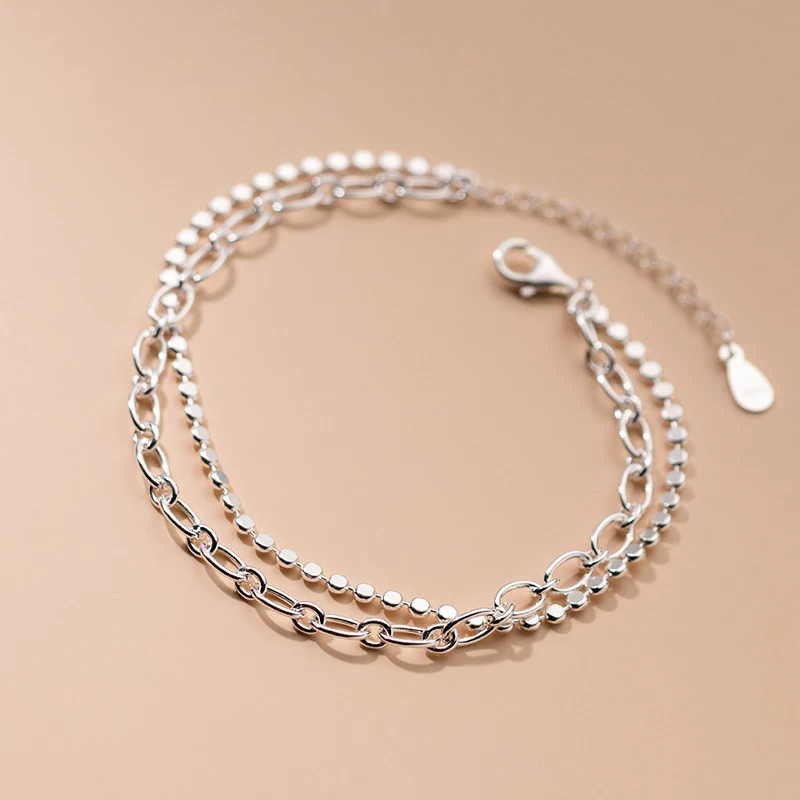 925 Sterling Silver Bracelets On Hand For Women Jewelry Gift Double Layer Flat Beads Oval O Chain Minimalist Casual Sporty