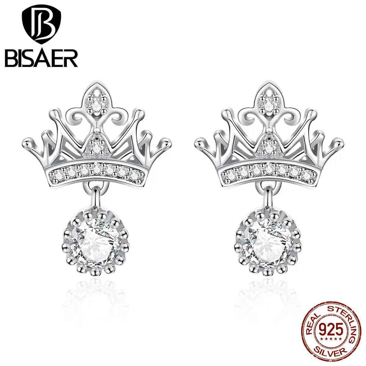 Серьги с короной BISAER, 925 пробы, Серебряная корона принцессы, изысканные маленькие серьги для женщин, роскошные серебряные ювелирные изделия EFE244