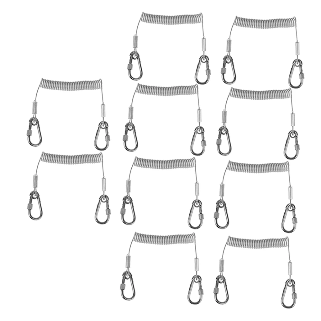 

10x 1.6M Retractable Steel Wire Coiled Lanyard Safety Rope & Lock Carabiner