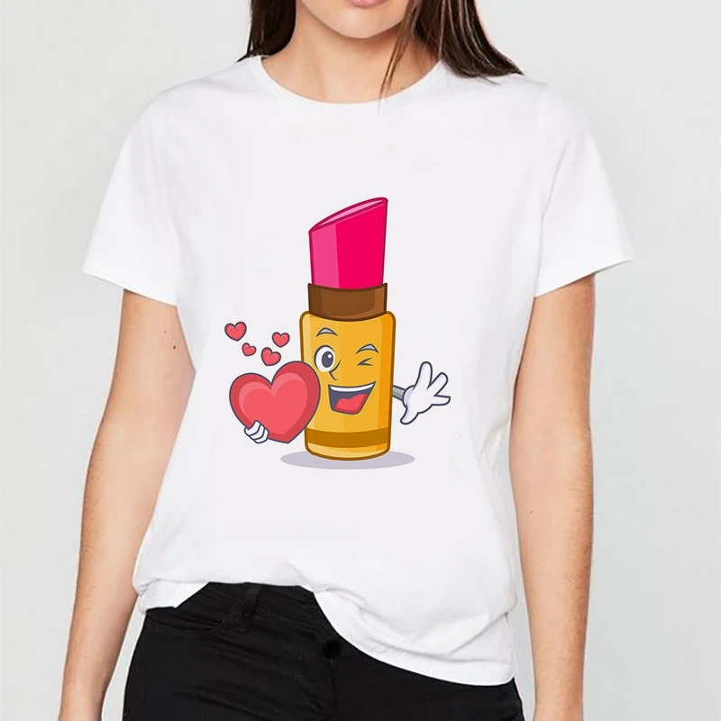 Summer Casual Women T shirts Lipstick cartoon image Printed Fashion clothing Harajuku Casual Korean Style Tops female Tee