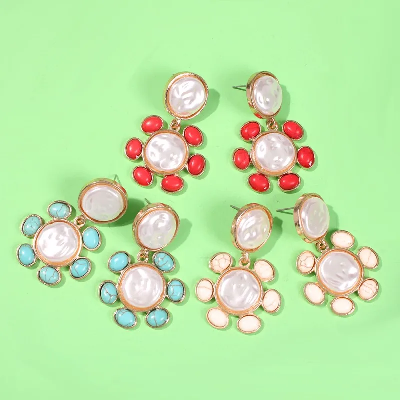 

Big Pearls Earring For Women Green Red Stone Simulated Pearl Drop Earrings 2019 New Fashion Elegant Jewelry Brincos Gifts E69331