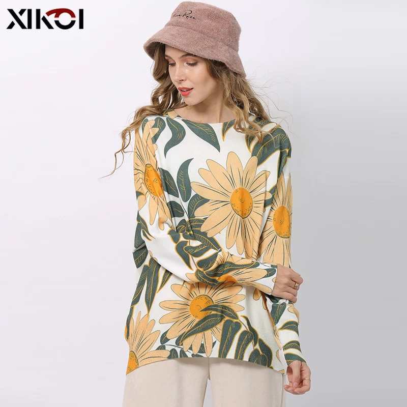 

XIKOI Soft Daisy Print Oversized Sweater For Women Winter O-neck Pullovers Women Patchwork Knitted Jumper Long Sleeve Pull Femme
